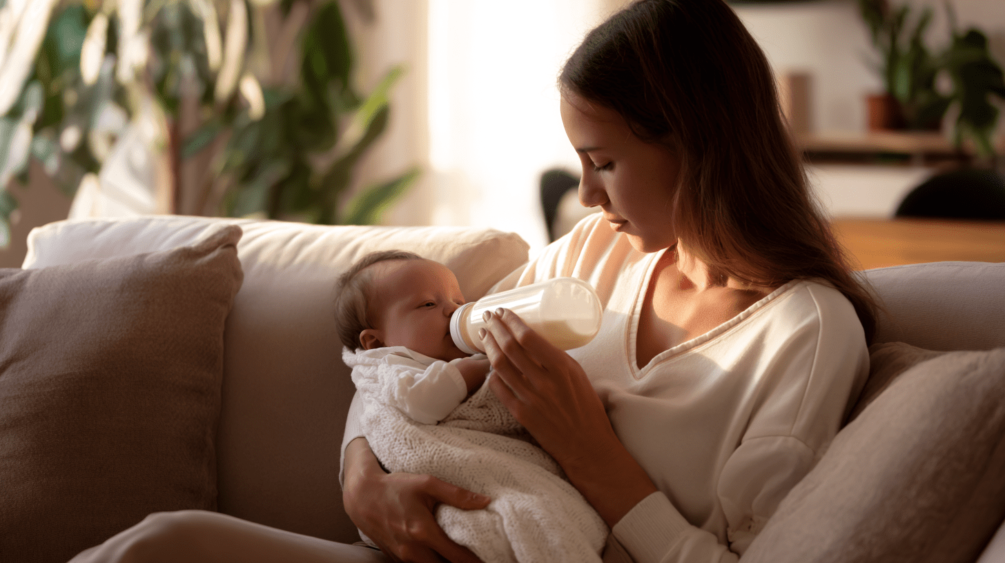 Mama karmiąca niemowlę butelką z mlekiem modyfikowanym w jasnym, domowym otoczeniu, co ilustruje temat wyboru mieszanki typu Caprima mleko.