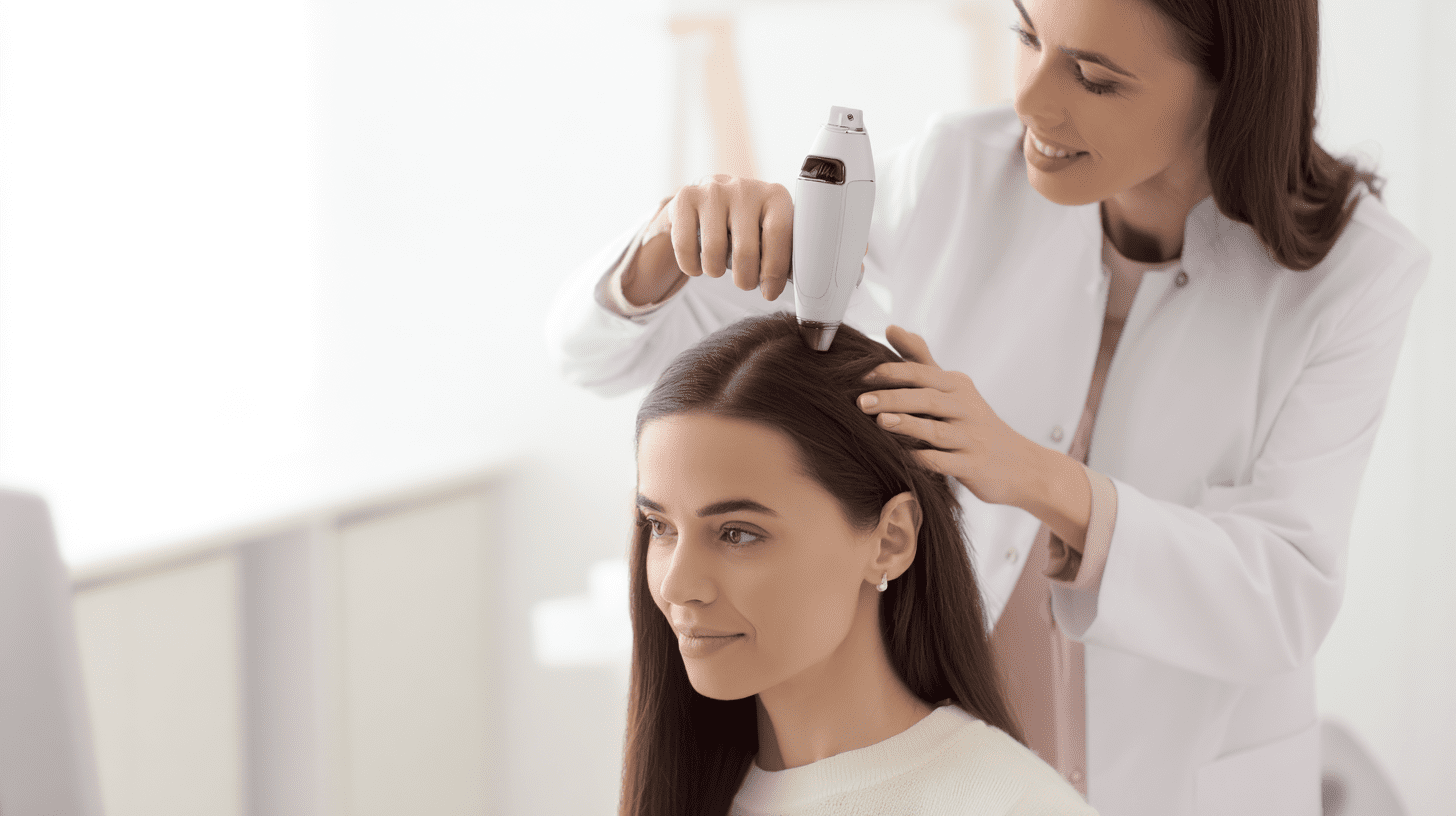 Specjalista trycholog przeprowadzający badanie skóry głowy w centrum zdrowego włosa przy użyciu dermatoskopu.