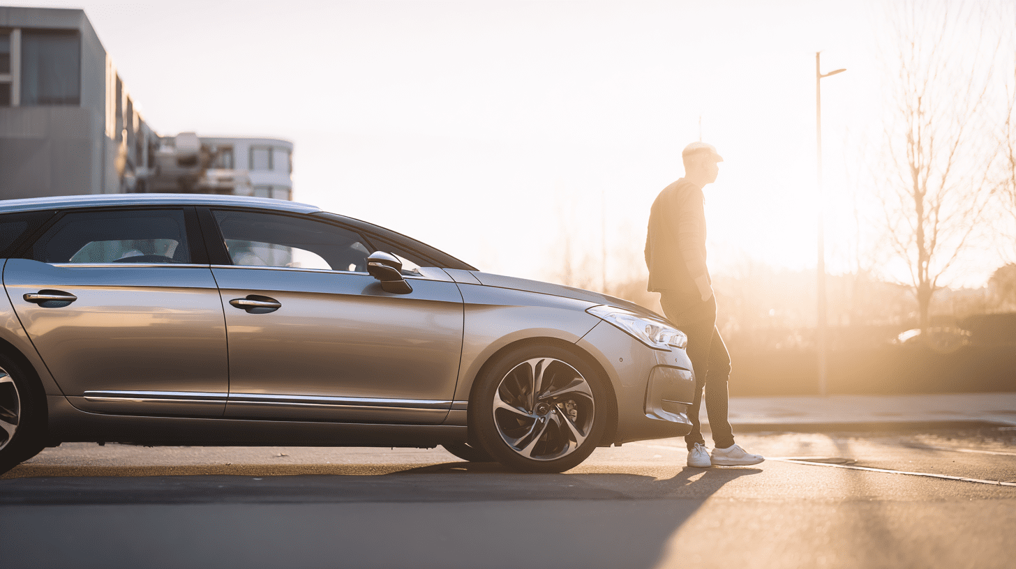 Kierowca oglądający sylwetkę Citroëna DS5 i zastanawiający się nad opiniami o tym modelu przed zakupem.