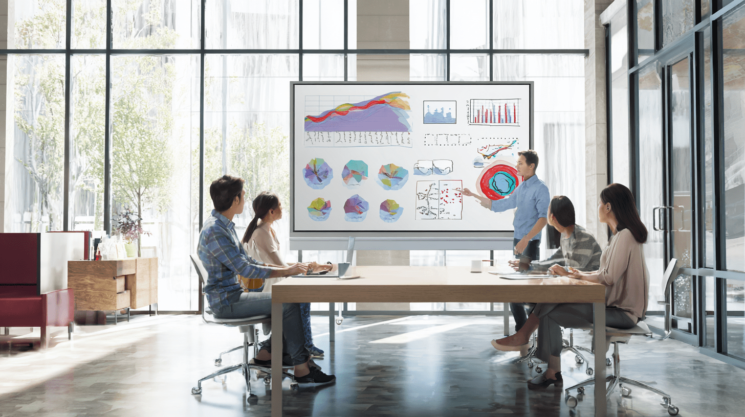 Zespół marketingu omawia strategię content marketingu na 2025 rok, analizując wykresy efektywności kampanii.