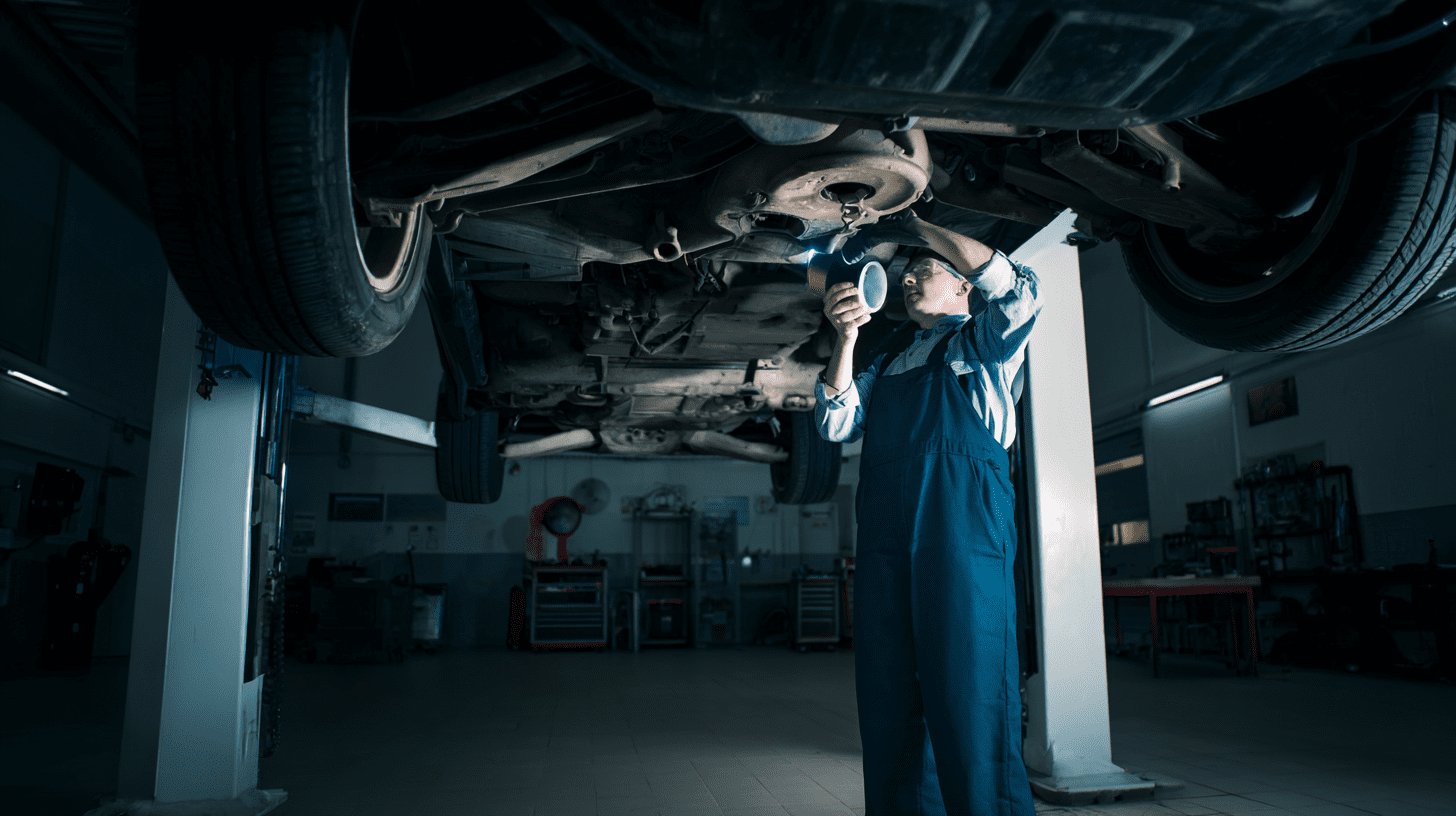 Doświadczony mechanik w nowoczesnym warsztacie sprawdza stan części do skrzyni biegów podczas przeglądu auta na podnośniku.