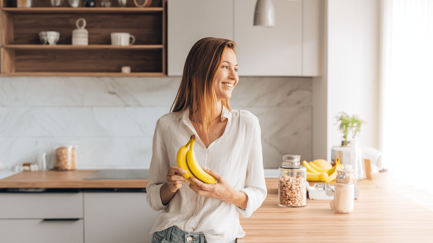 Kobieta w jasnej kuchni trzyma świeżego banana, co ilustruje temat czy banany są zdrowe i jakie mają wartości odżywcze.