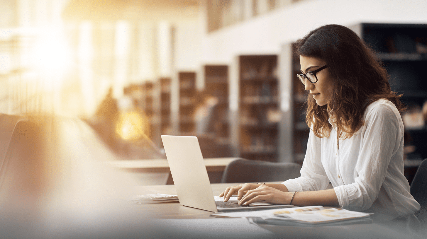 Student pracujący na laptopie w jasnej bibliotece, przygotowujący się do zajęć na kierunku digital marketing studia.