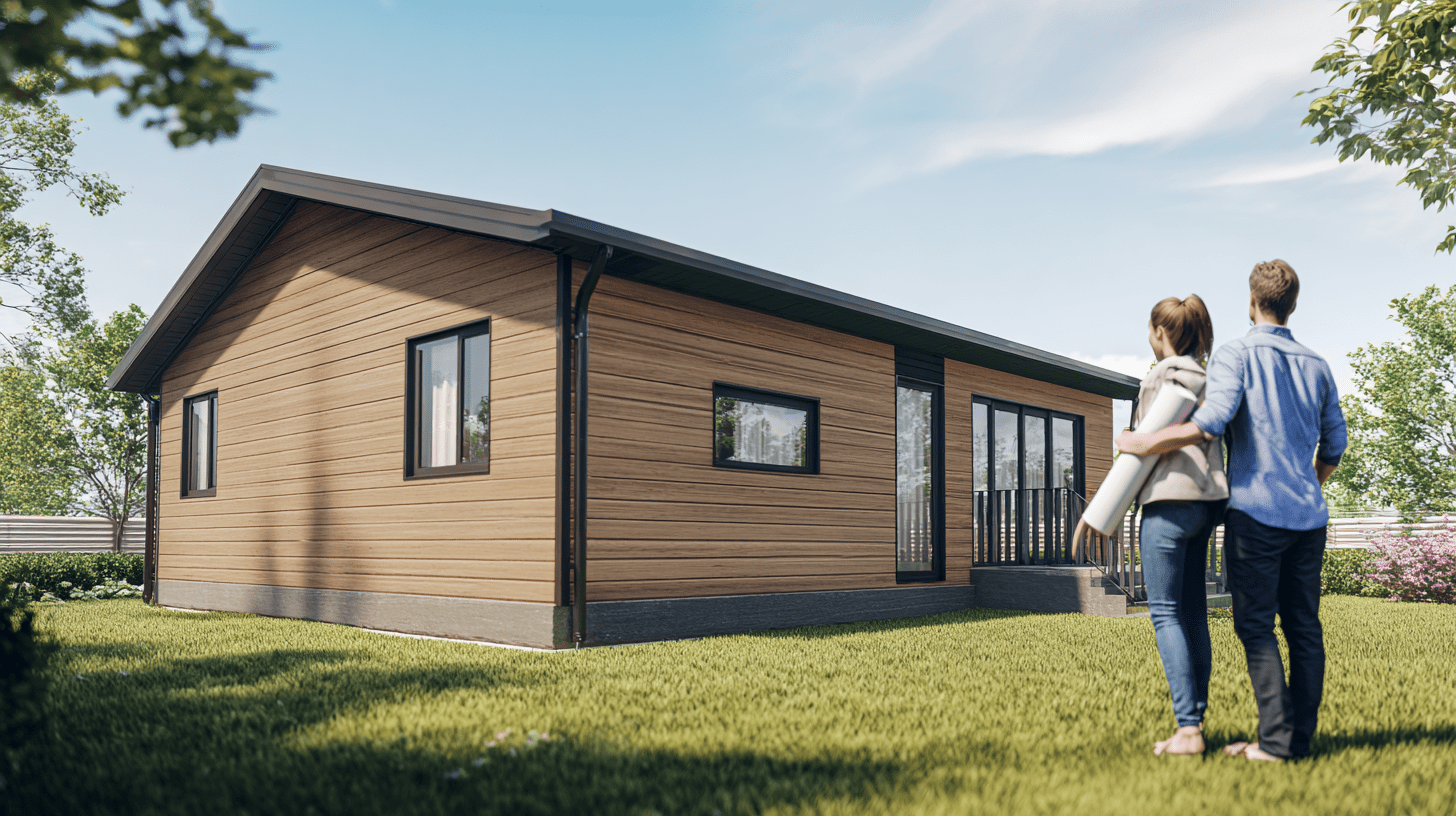 Nowoczesny dom szkieletowy 70m2 z drewnianą elewacją i właściciele oglądający gotową inwestycję w ogrodzie.