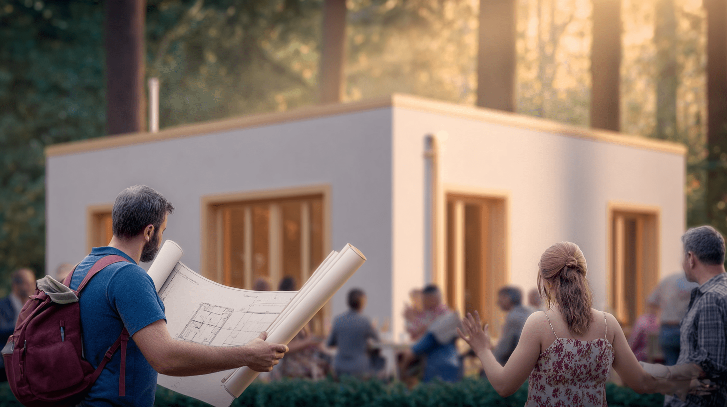 Młoda para z projektem budowlanym stojąca przed nowoczesnym domem parterowym 80 m2.
