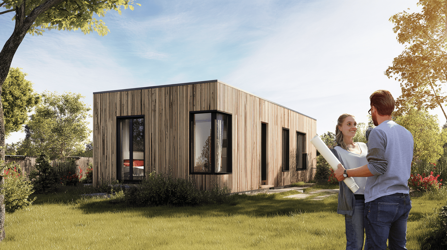 Nowoczesny domek do 70m2 bez pozwolenia w stylu nowoczesnej stodoły na zielonej działce.