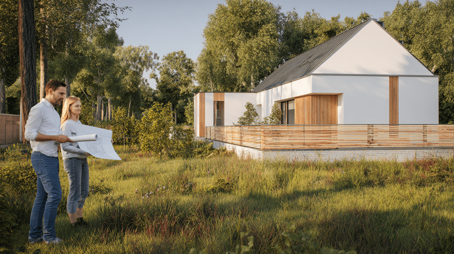 Para inwestorów z projektem budowlanym na tle nowoczesnego domku na zgłoszenie 70m2.