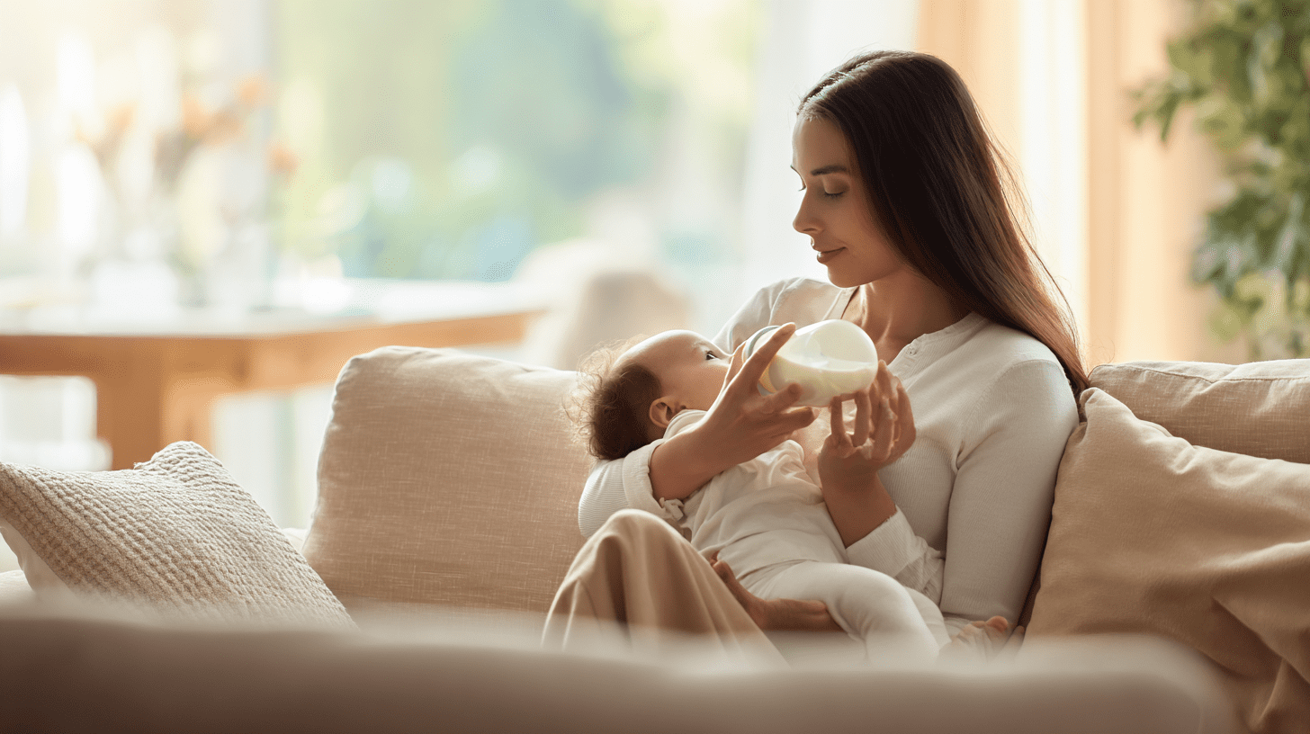 Spokojna mama trzymająca niemowlę na rękach podczas próby karmienia, gdy dziecko nie chce pić mleka modyfikowanego.