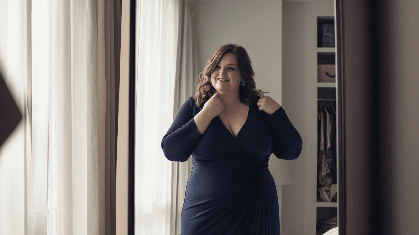 Elegancka mama puszysta w sukience na wesele przeglądająca się w lustrze