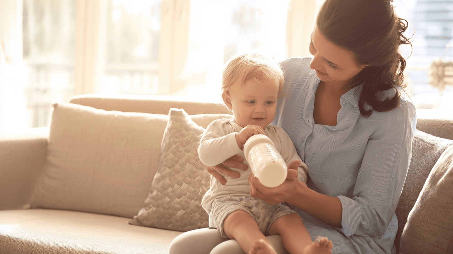 Mama podaje butelkę z mlekiem modyfikowanym rocznemu dziecku w jasnym salonie, dbając o jego prawidłowe żywienie.