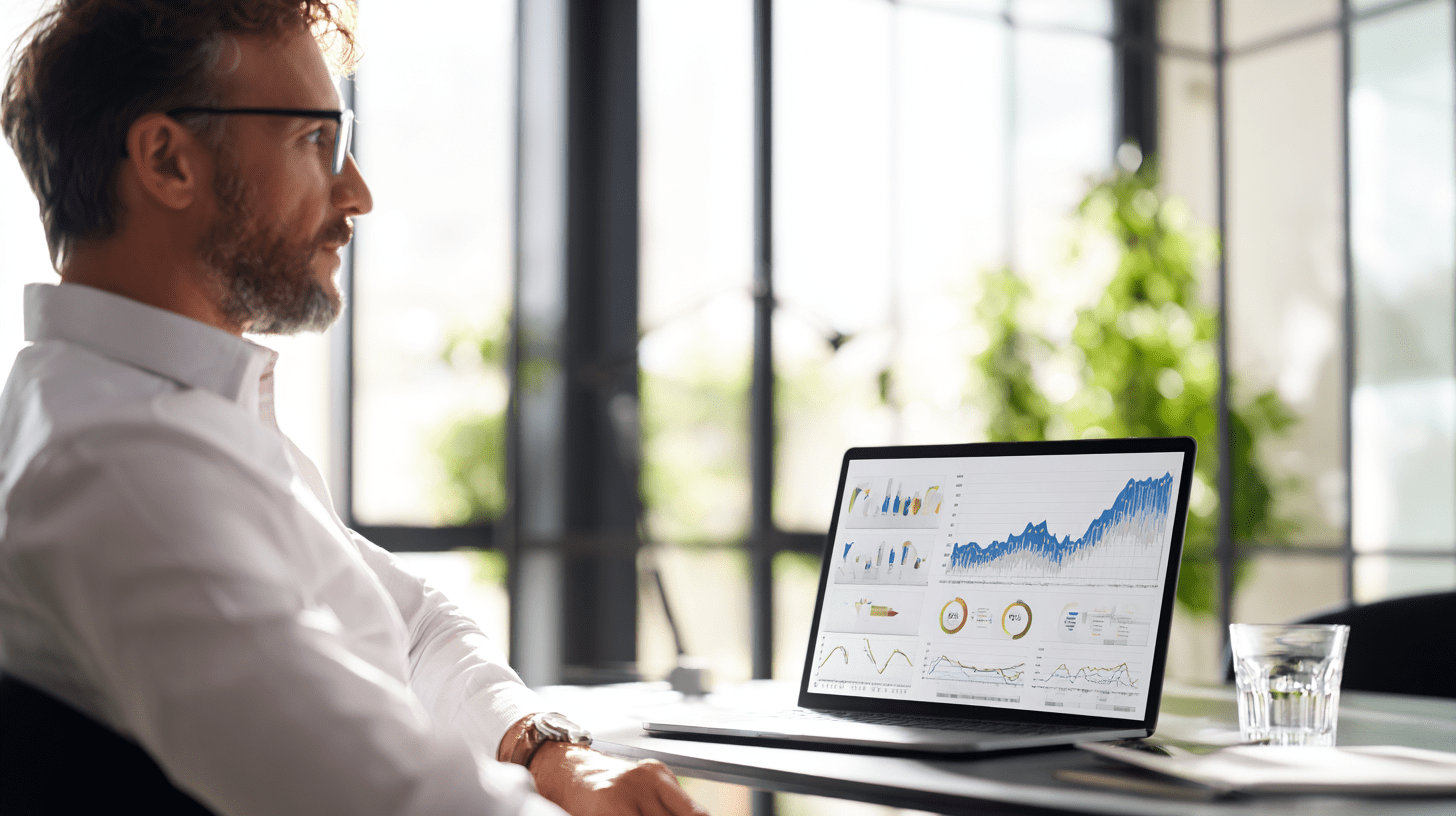 Menedżer w nowoczesnym biurze analizuje zintegrowane dane finansowe na laptopie, ilustrując czym jest enterprise resource planning co to w praktyce.