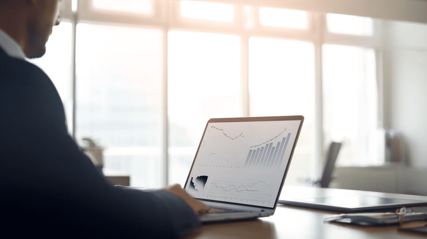 Przedsiębiorca analizujący dane na laptopie w biurze, ilustrujący enterprise resource planning co to jest i jak wspiera zarządzanie firmą.
