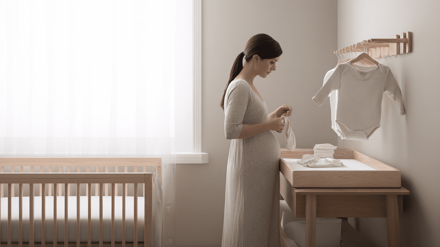 Przyszła mama w pokoju dziecięcym przygotowująca gotową wyprawkę dla noworodka i segregująca małe ubranka.