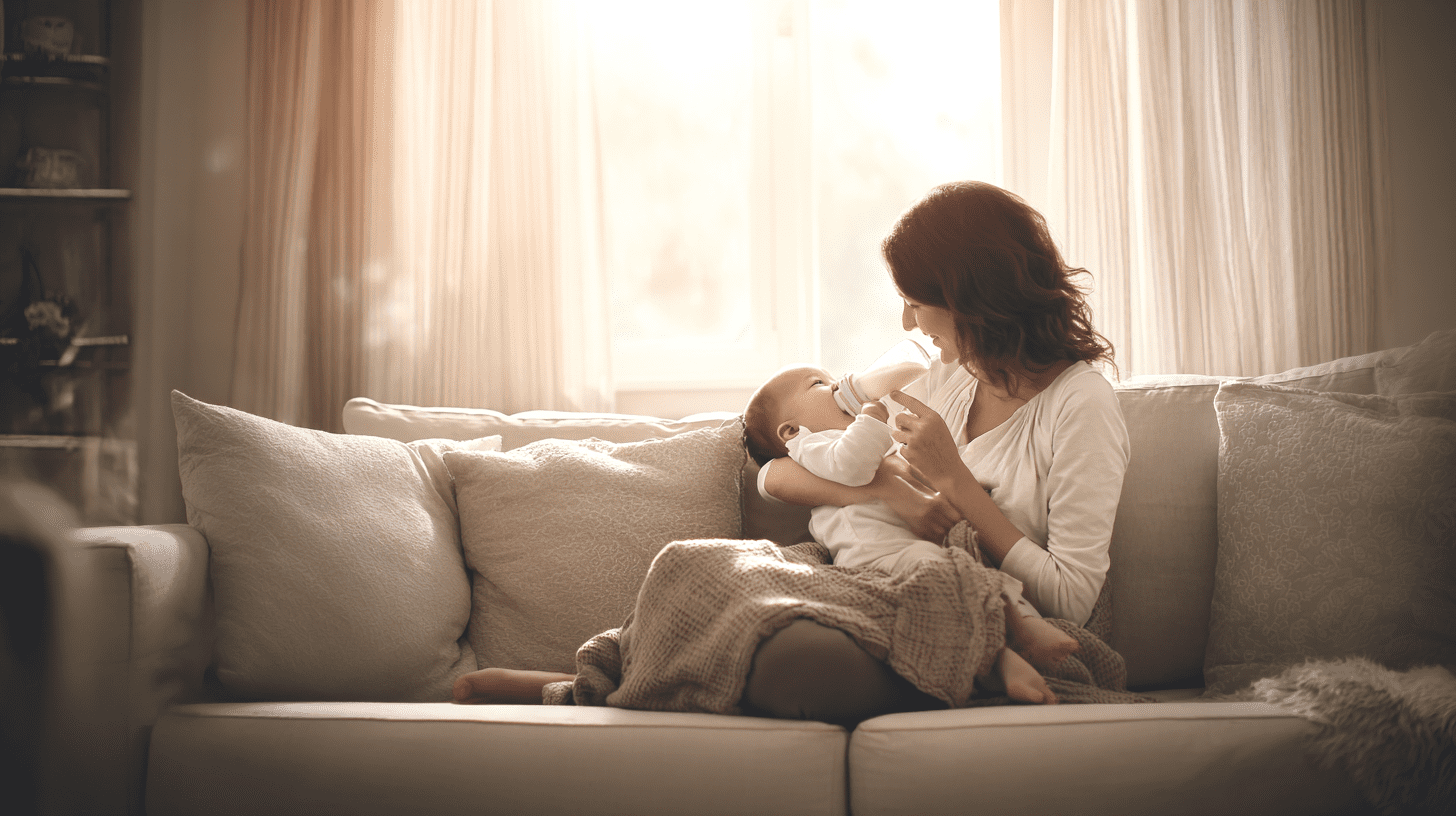 Mama karmiąca niemowlę gotowym mlekiem modyfikowanym w butelce w przytulnym, jasnym pokoju dziennym.
