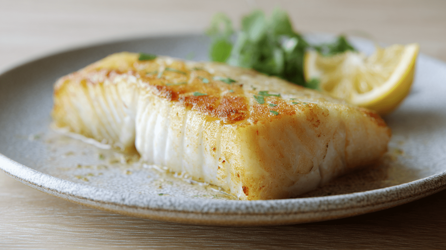 Soczysty halibut smażony na złoty kolor podany z kawałkiem cytryny i świeżymi ziołami na talerzu.