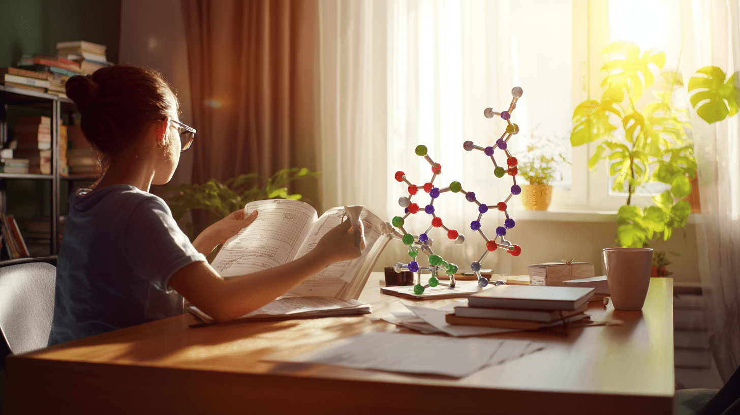 Skupiona osoba przy biurku z modelem cząsteczki chemicznej, ilustrująca jak nauczyć się chemii poprzez zrozumienie i wizualizację.