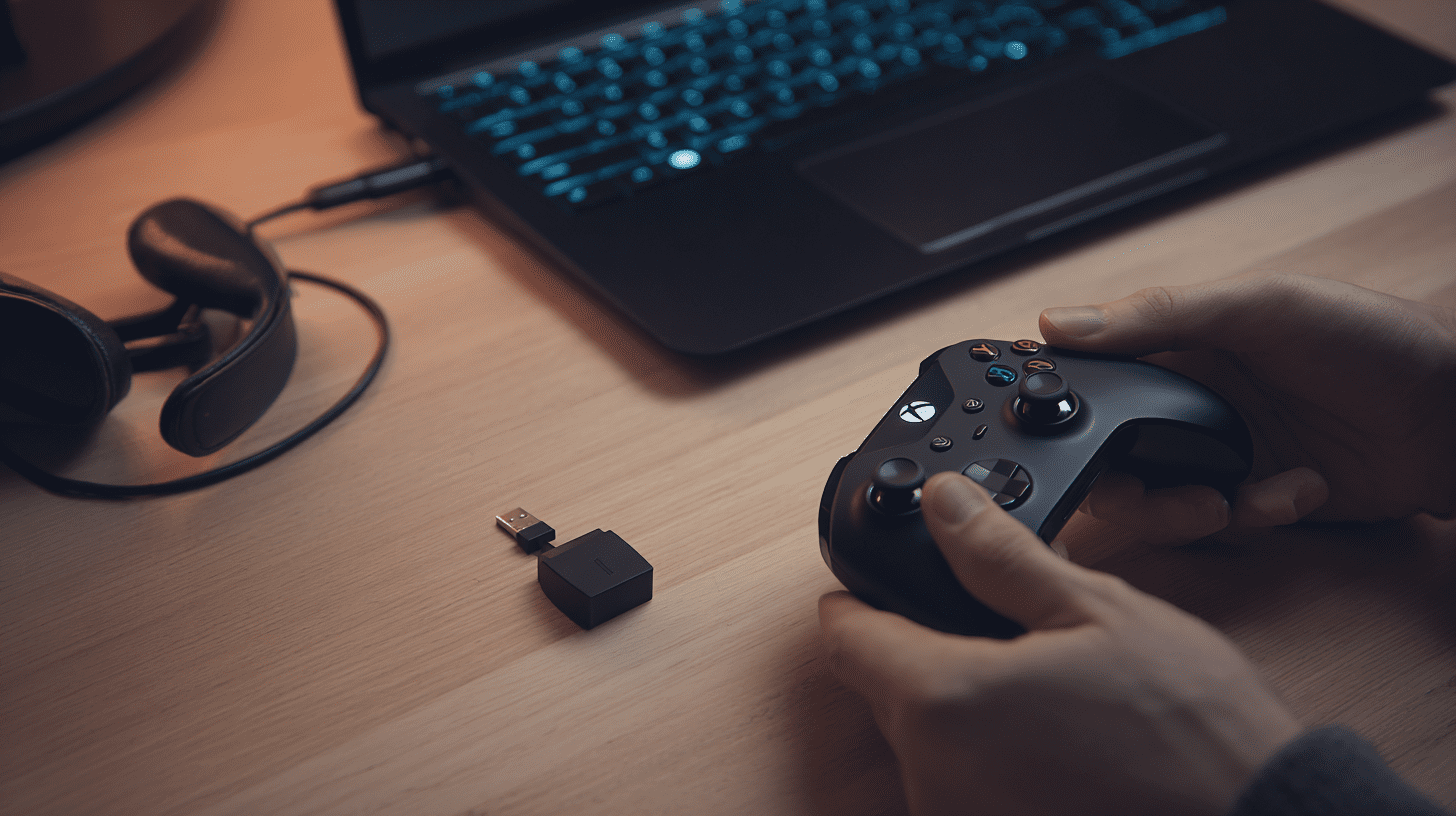 Użytkownik trzymający pad do gier przy biurku z komputerem, ilustrujący jak podłączyć pad Xbox One do PC.
