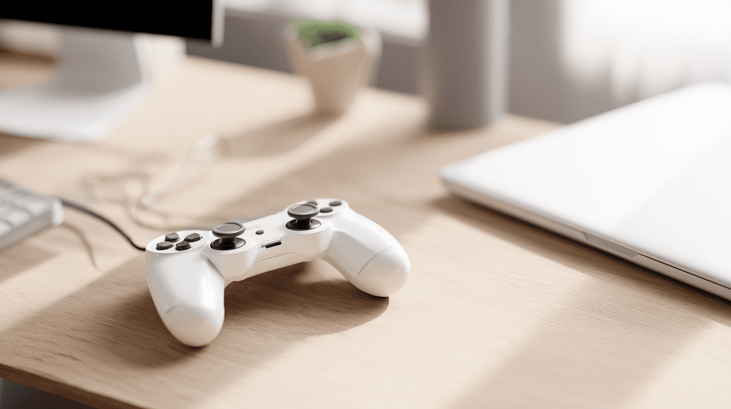Nowoczesny biały kontroler gier podłączony kablem USB do komputera na biurku, ilustrujący jak podłączyć pada PS5 do PC.