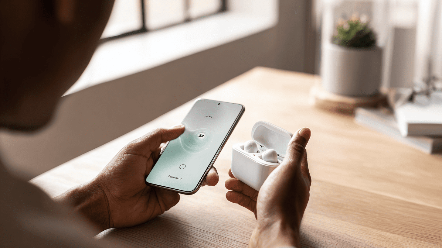 Dłonie użytkownika trzymające smartfon i otwarte etui ze słuchawkami, ilustrujące jak połączyć AirPods z iPhonem w domowym zaciszu.