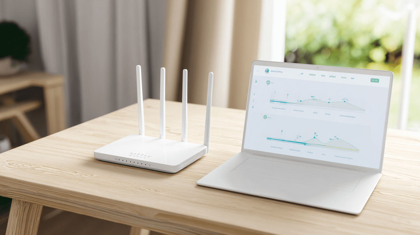 Nowoczesny router Wi-Fi na biurku obok laptopa podczas procesu konfiguracji ustawień sieciowych i internetu.