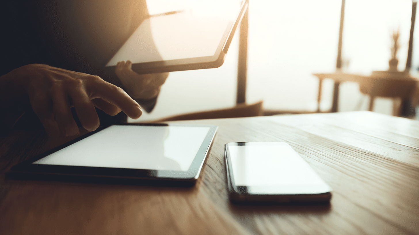Smartfon udostępniający internet na tablet przez hotspot Wi-Fi podczas pracy zdalnej przy drewnianym stoliku.