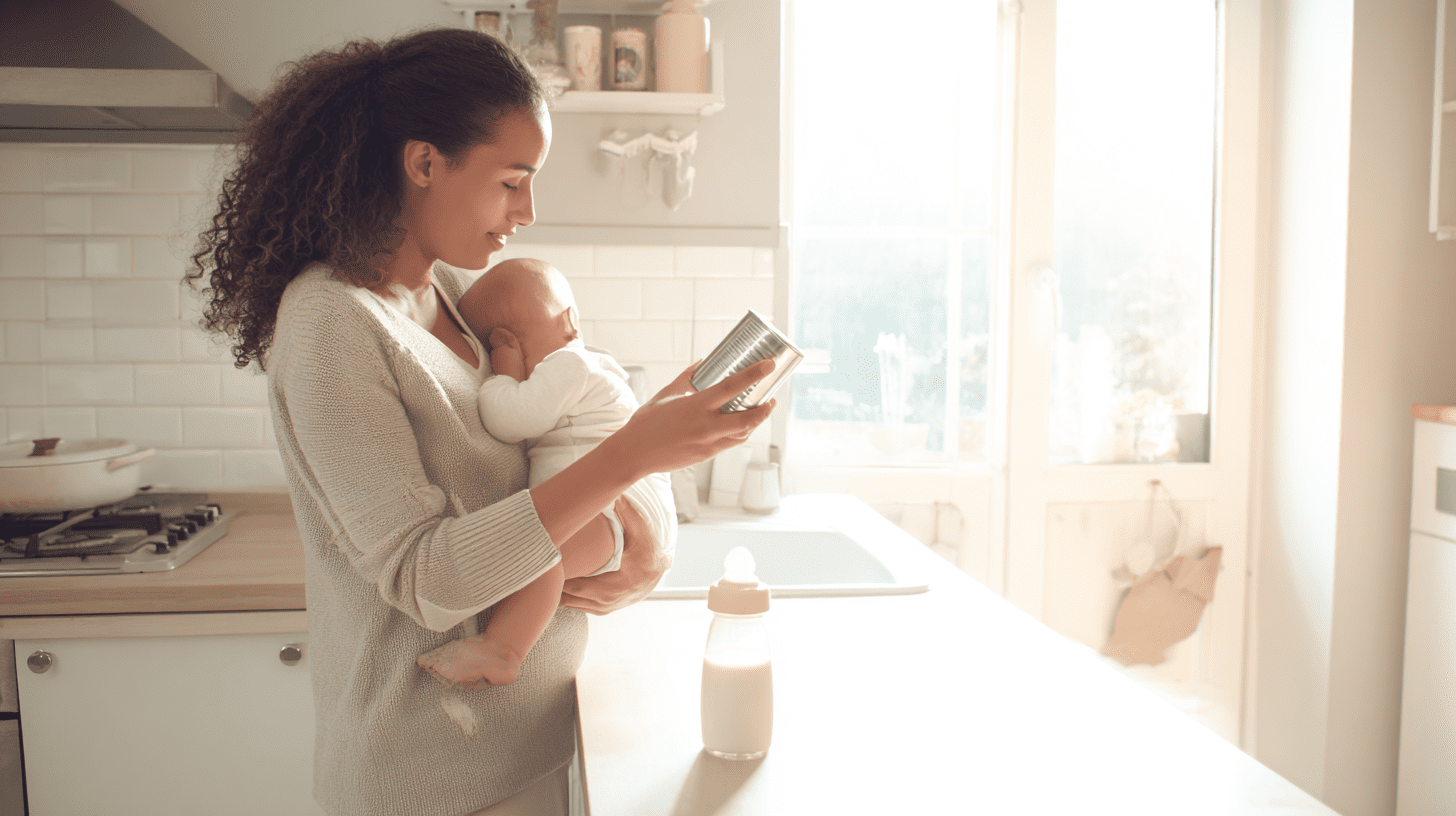 Mama w kuchni analizująca skład na opakowaniu mleka modyfikowanego, trzymająca niemowlę na rękach.
