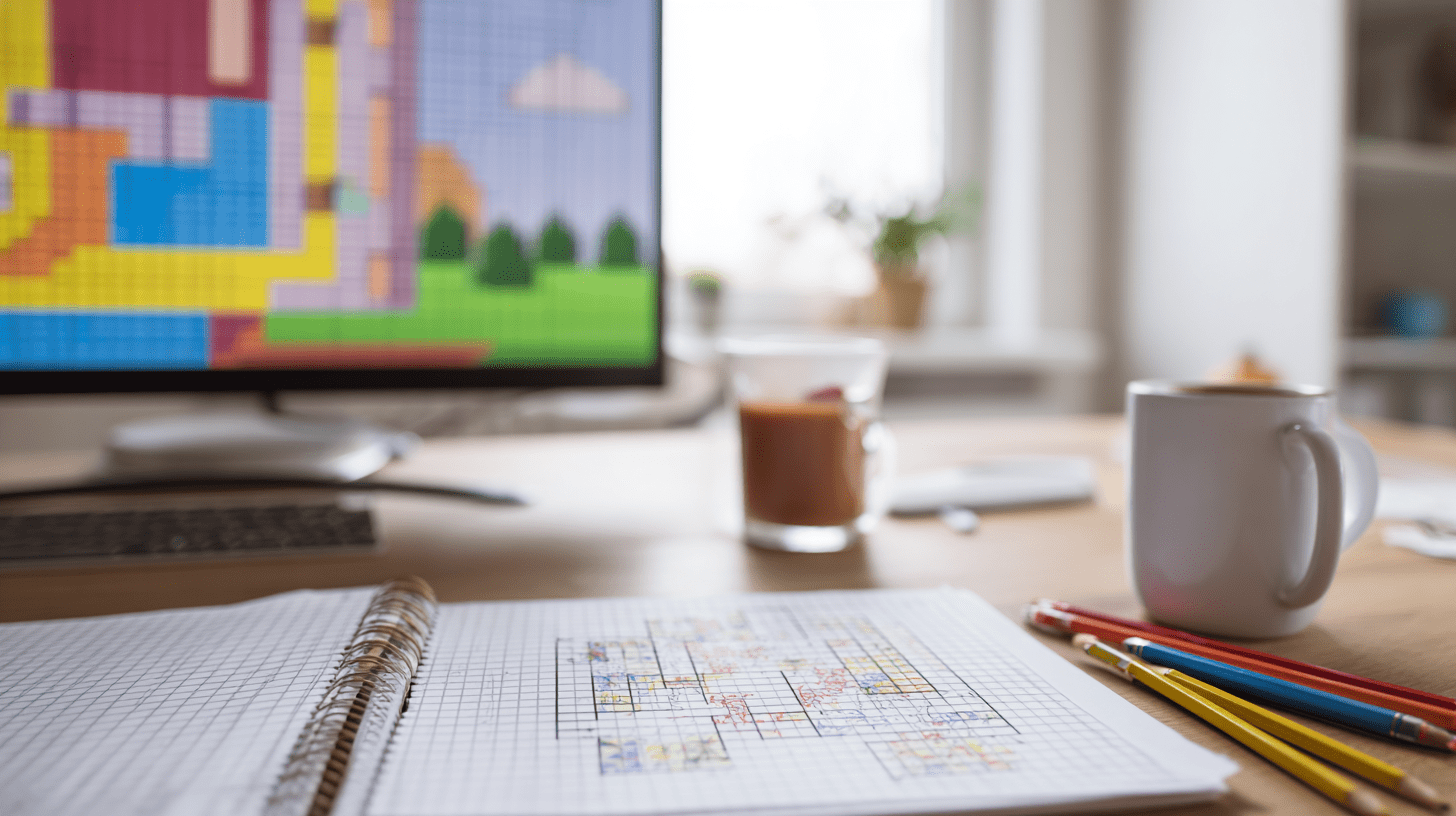 Biurko z projektem domku w Minecraft naszkicowanym na papierze oraz komputerem w tle