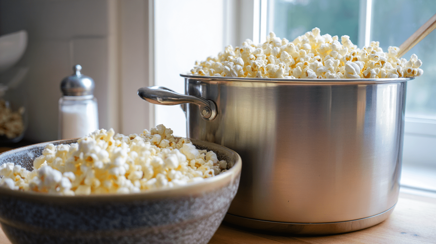 Świeży i chrupiący popcorn w stalowym garnku oraz w misce na kuchennym blacie
