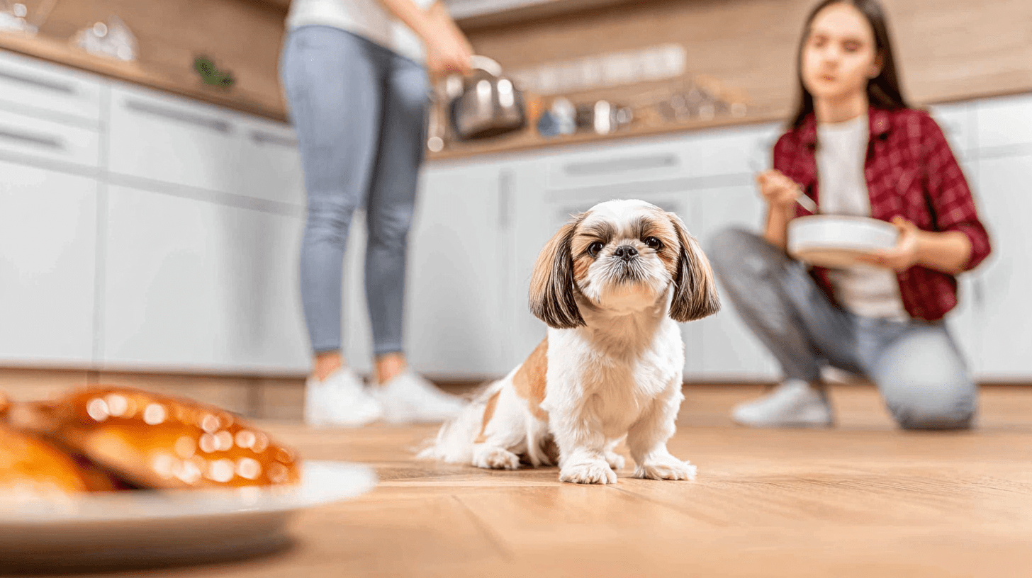 Opiekun przygotowujący karmę dla shih tzu w misce w jasnej, domowej kuchni