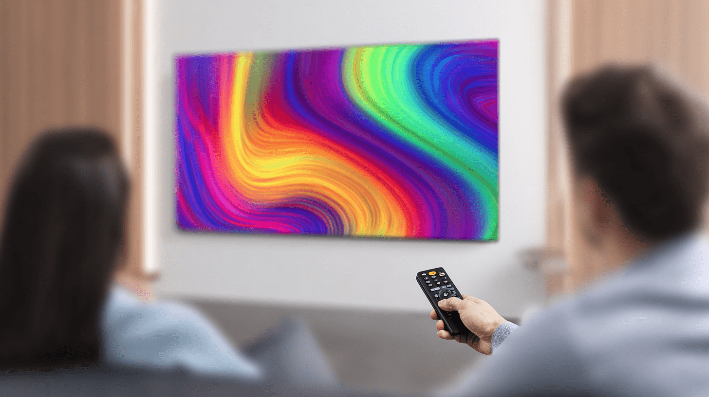 Nowoczesny salon z dużym telewizorem 4K na ścianie i domownikami, ilustrujący dylemat jaki telewizor wybrać.