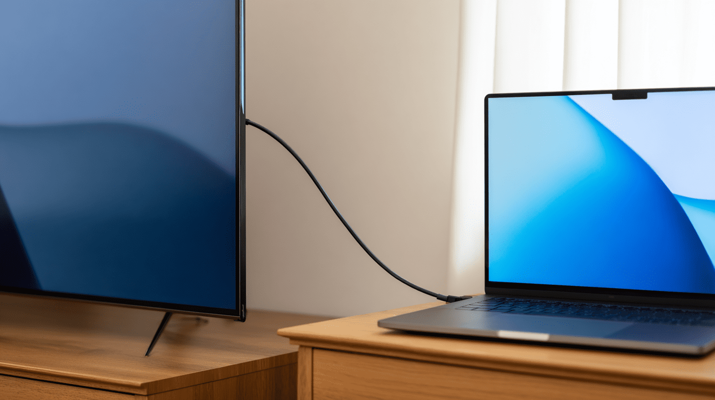 Nowoczesny laptop podłączony kablem HDMI do dużego telewizora w domowym salonie.