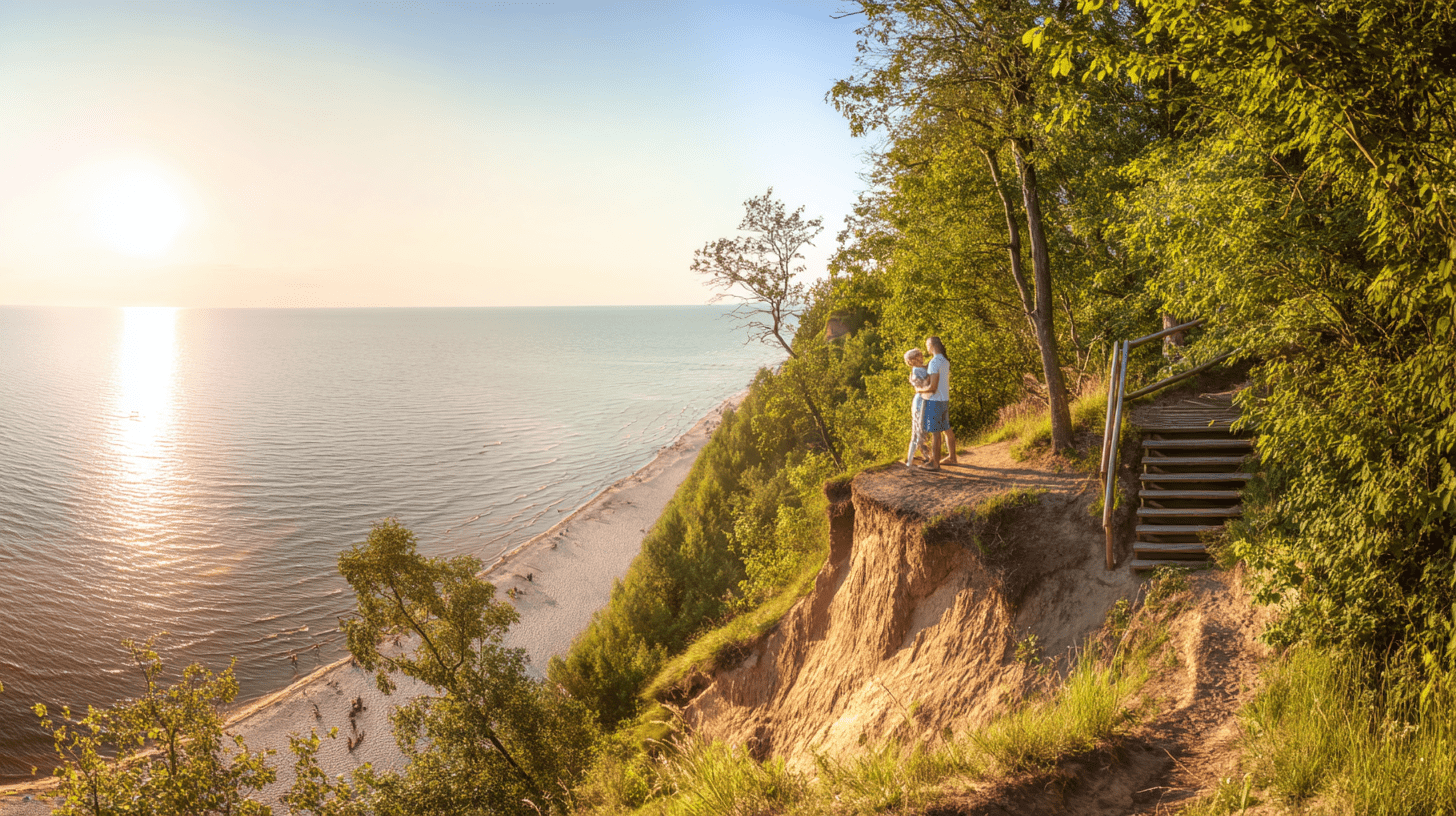 Para turystów podziwia zachód słońca z wysokiego klifu w Jastrzębiej Górze, sprawdzając warunki na plaży.