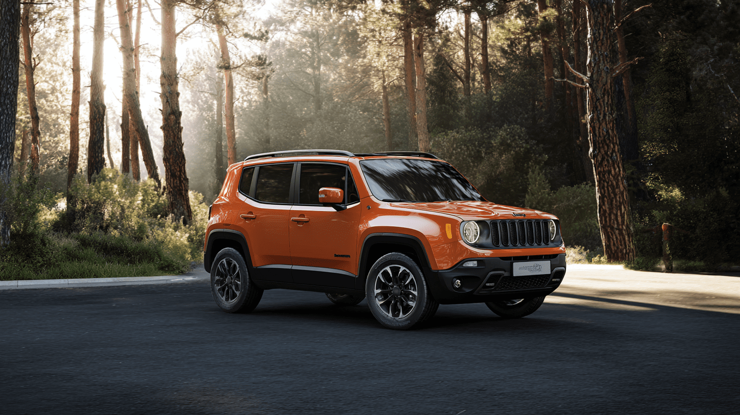 Mały SUV o pudełkowatym nadwoziu zaparkowany na tle przyrody, ilustrujący temat opinii o Jeepie Renegade.