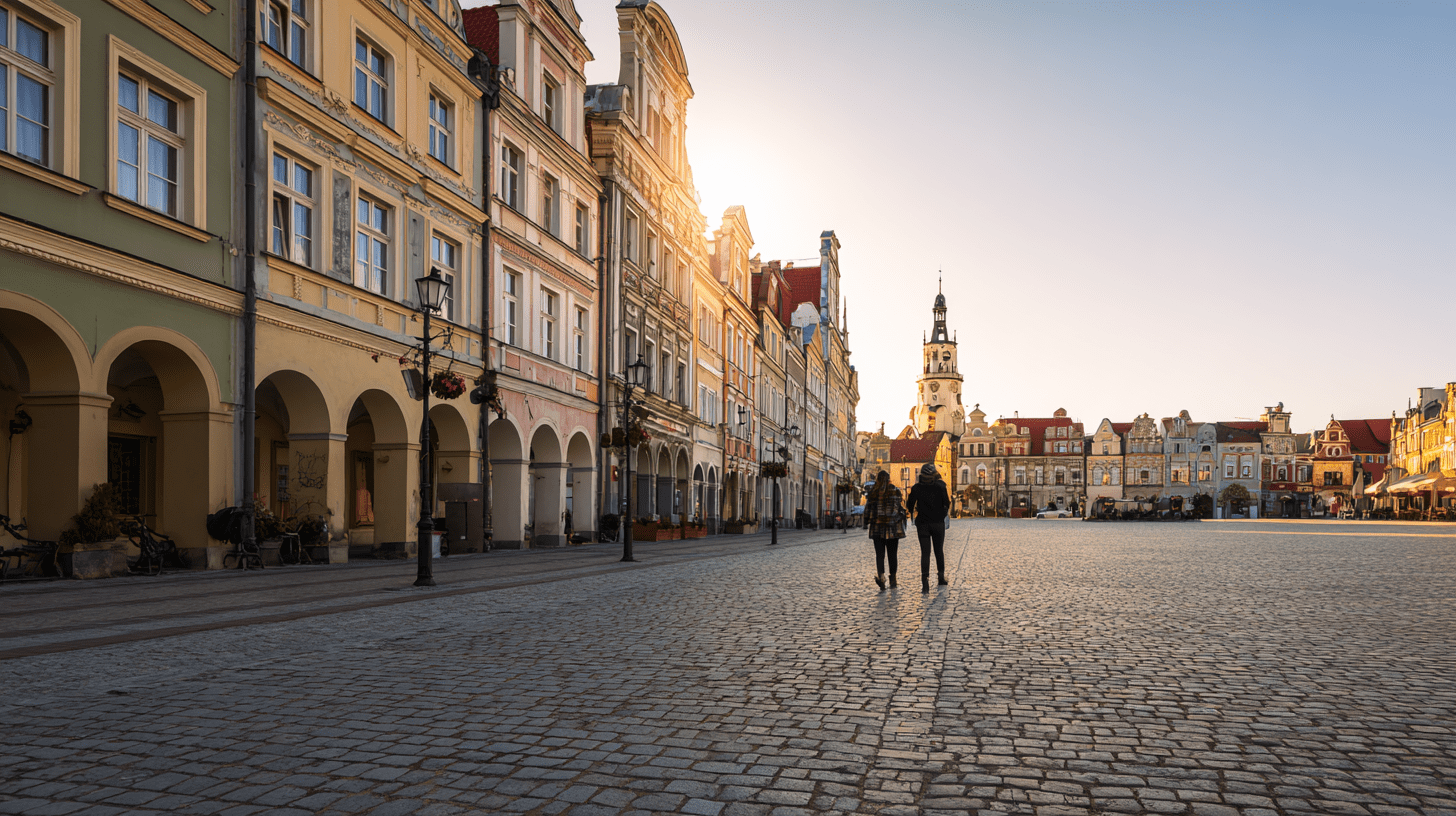 Para turystów spaceruje po zabytkowym Rynku w Jeleniej Górze, podziwiając ratusz i kolorowe kamienice w słoneczny dzień.