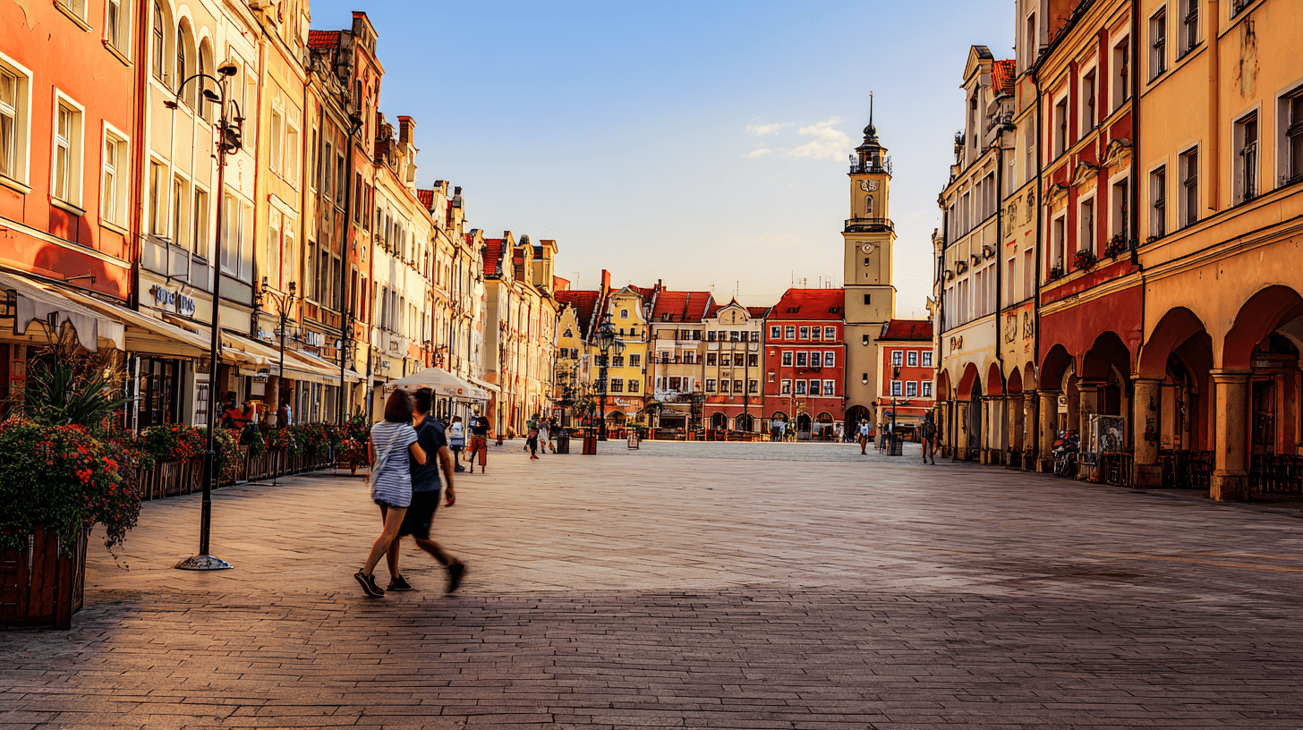 Para turystów spacerująca po zabytkowym Rynku w Jeleniej Górze na tle kolorowych kamienic z podcieniami w słoneczny dzień.
