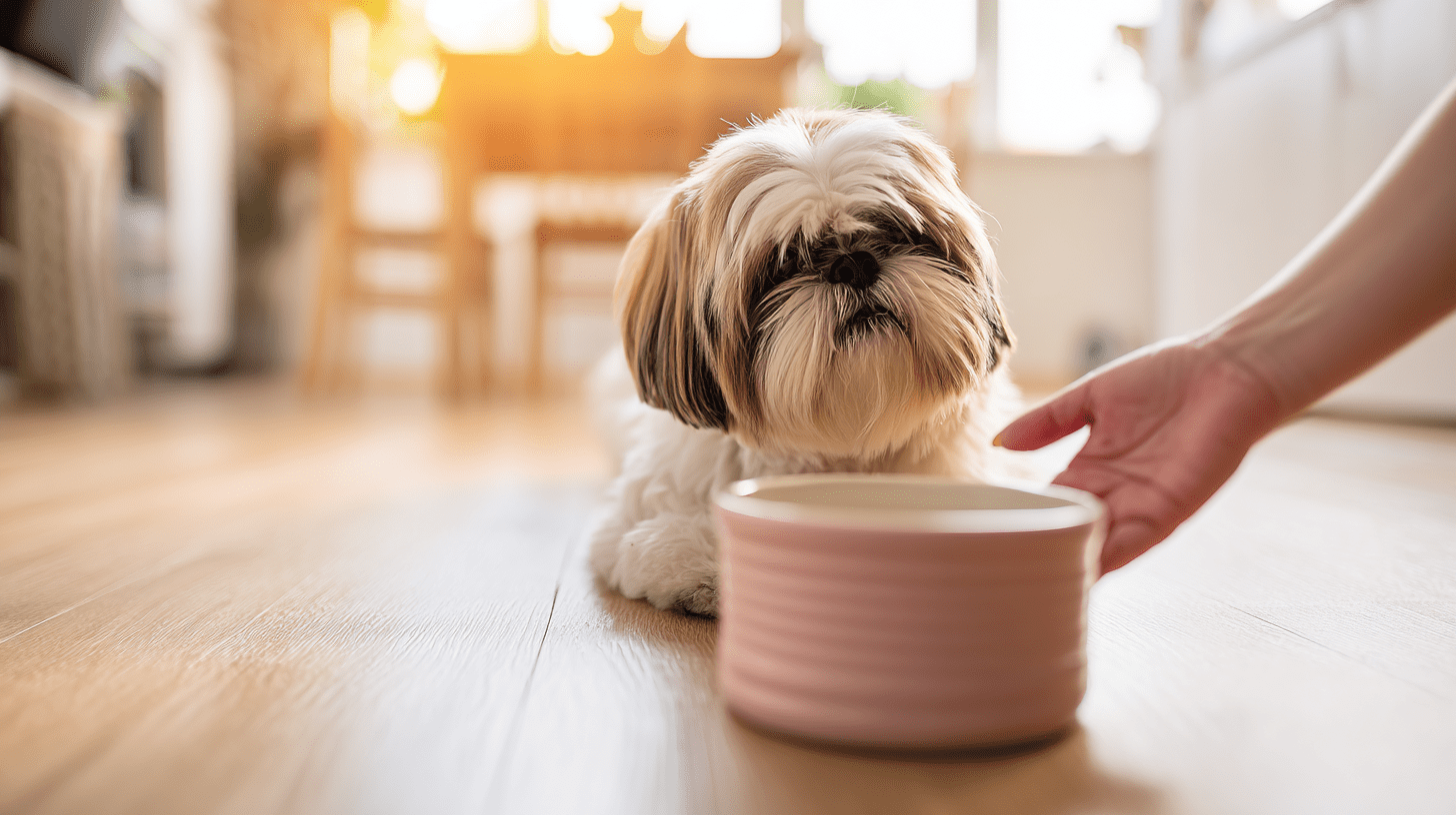 Pies rasy shih tzu z piękną sierścią czeka na miskę z karmą w domowej kuchni