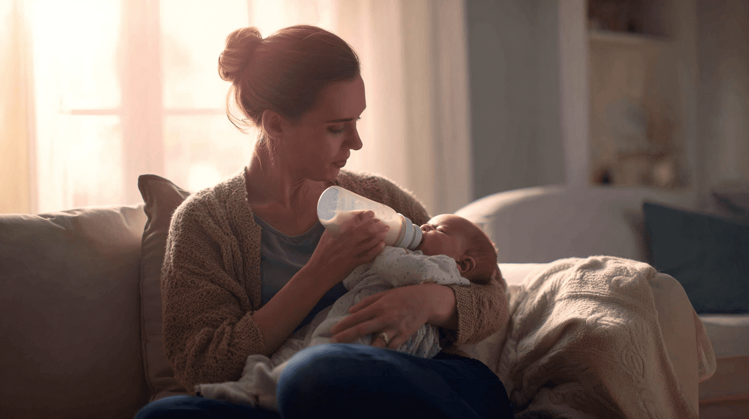 Mama karmiąca niemowlę mlekiem modyfikowanym z butelki w bezpiecznej pozycji półleżącej w jasnym pokoju.