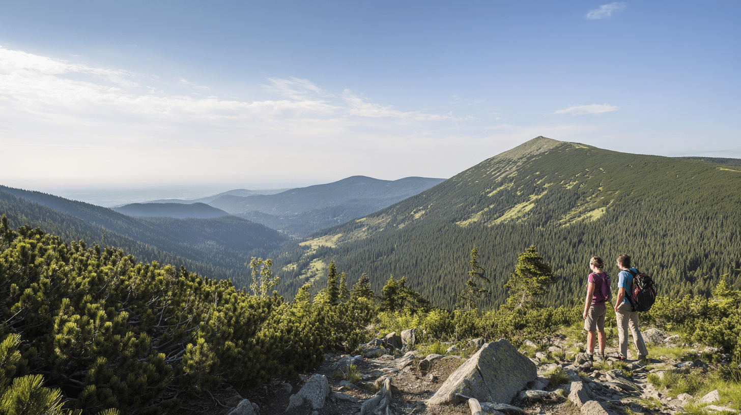 Para turystów na górskim szlaku w Karkonoszach podziwiająca panoramę ze szczytem Śnieżki, ilustrująca główne karpacz atrakcje i aktywny wypoczynek