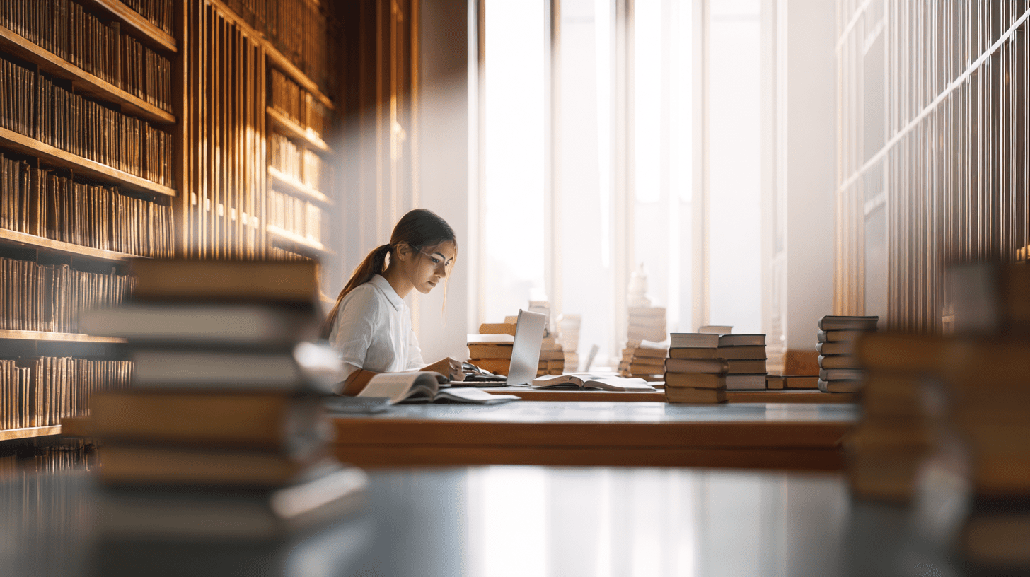 Student prawa analizujący kodeksy w bibliotece, nawiązujący do działalności naukowej Katedry Prawa Karnego UJ.