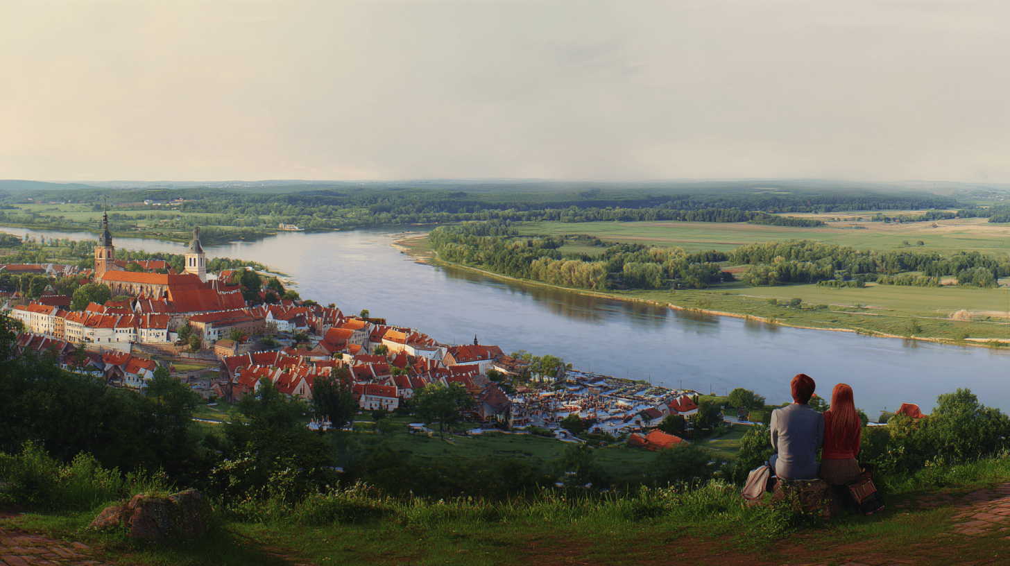 Turzyści podziwiający panoramę Kazimierza Dolnego i widok na Wisłę ze wzgórza podczas weekendowego wyjazdu.