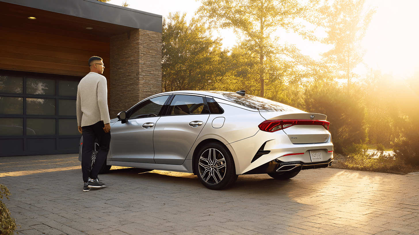Mężczyzna oglądający zadbany samochód typu sedan, nawiązujący do modelu Kia Optima 1.7 CRDi, podczas weryfikacji stanu technicznego przed zakupem.