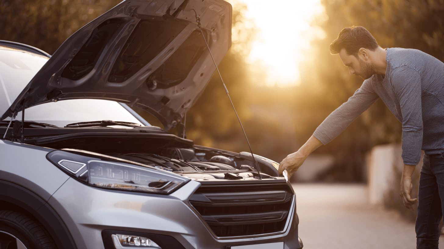 Mężczyzna sprawdza stan techniczny silnika w używanym SUV-ie Kia Sportage 3 przy otwartej masce.
