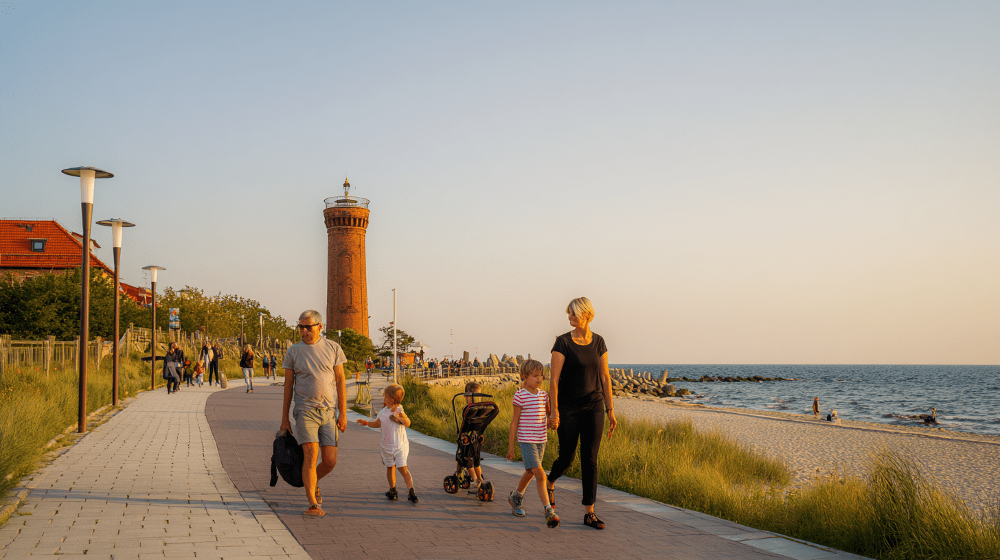 Rodzina spacerująca nadmorską promenadą o zachodzie słońca, w tle latarnia morska jako główna atrakcja Kołobrzegu.