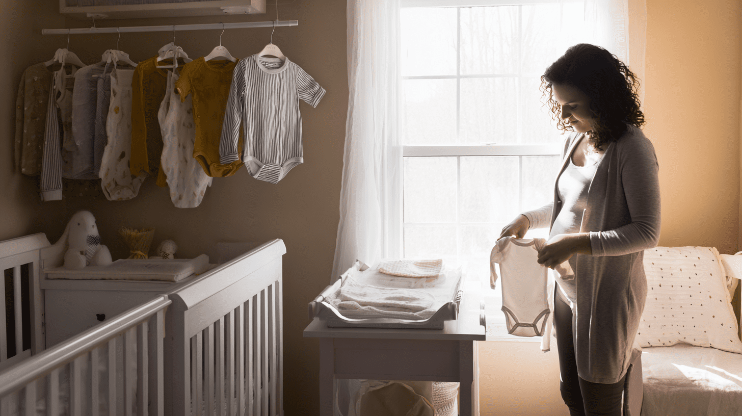 Przyszła mama w pokoju dziecięcym kompletująca wyprawkę dla noworodka i mamy, układająca ubranka.