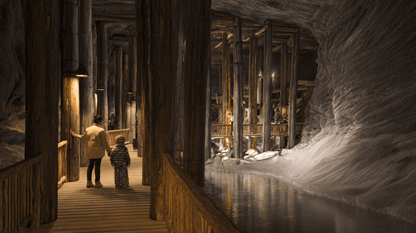 Rodzina zwiedzająca Kopalnię Soli w Wieliczce spaceruje drewnianym pomostem obok podziemnego jeziora.