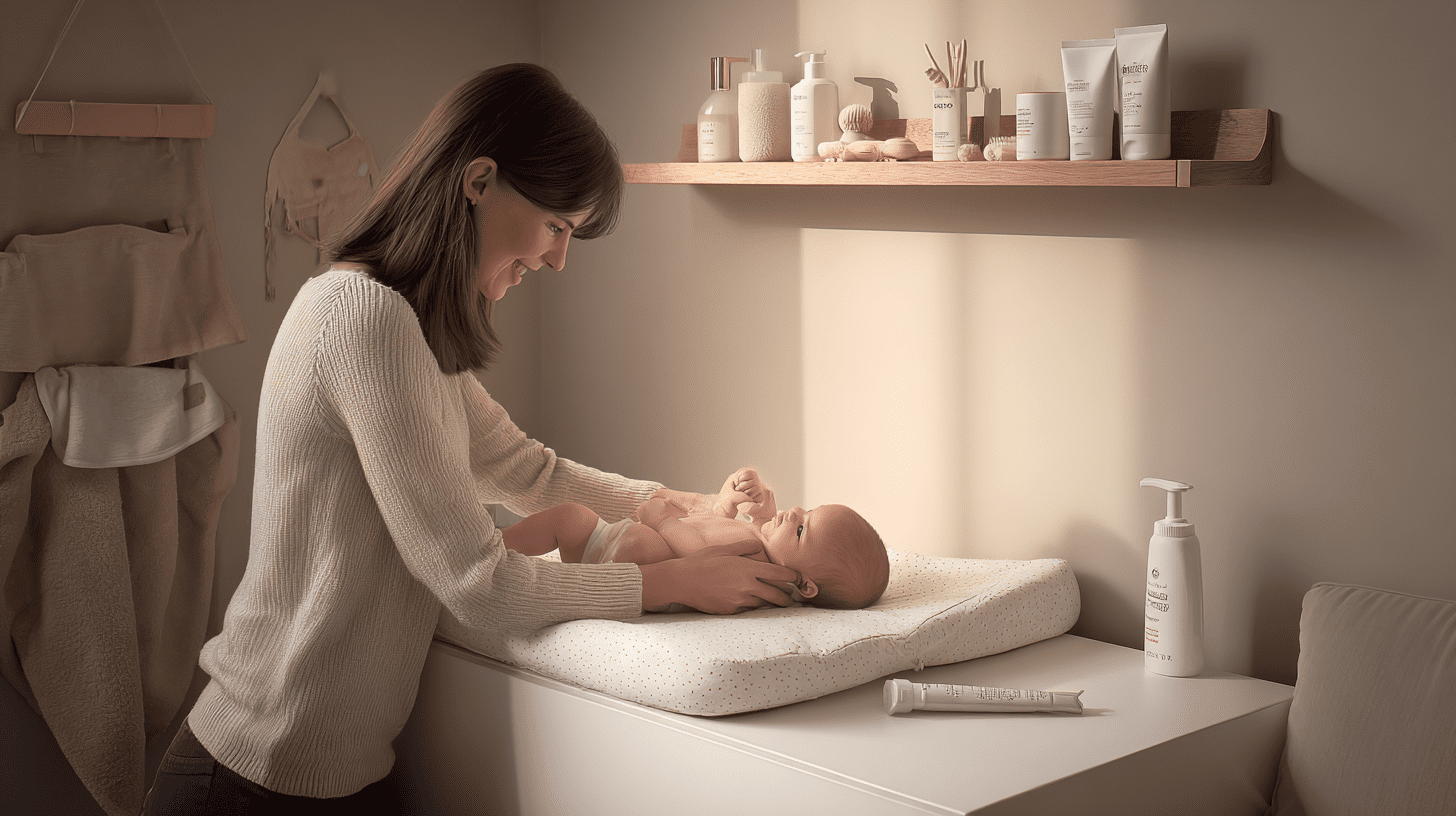 Mama pielęgnująca niemowlę na przewijaku, obok widoczne podstawowe kosmetyki dla noworodka niezbędne w domowej wyprawce.