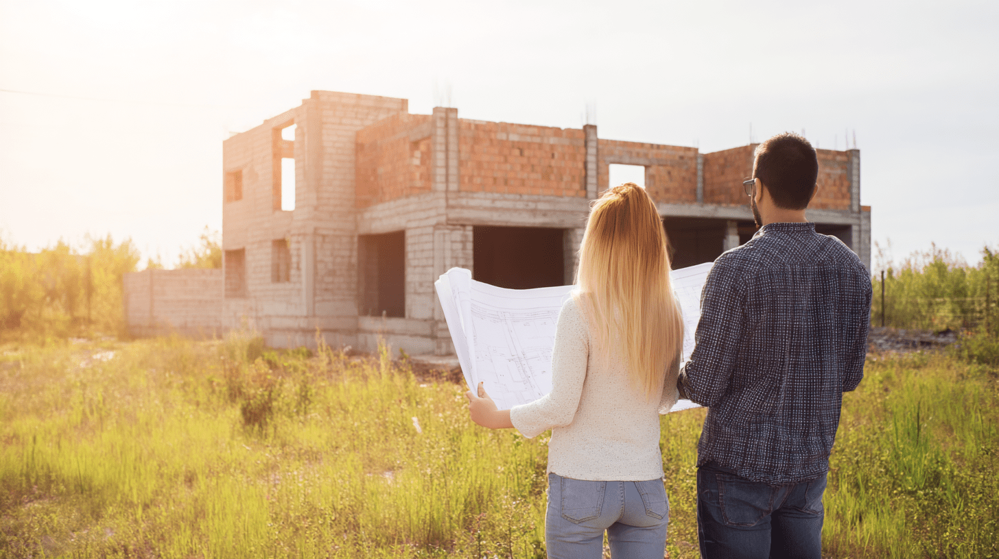 Inwestorzy z projektem budowlanym na tle wznoszonego domku 120 m2 w stanie surowym.