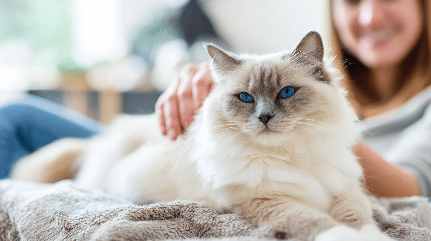 Szczęśliwa opiekunka głaszcze zadbanego kota rasowego rasy ragdoll w jasnym salonie.