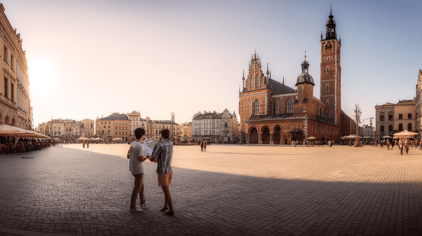 Para turystów na Rynku Głównym podziwiająca Sukiennice i inne atrakcje Krakowa w słoneczny dzień.