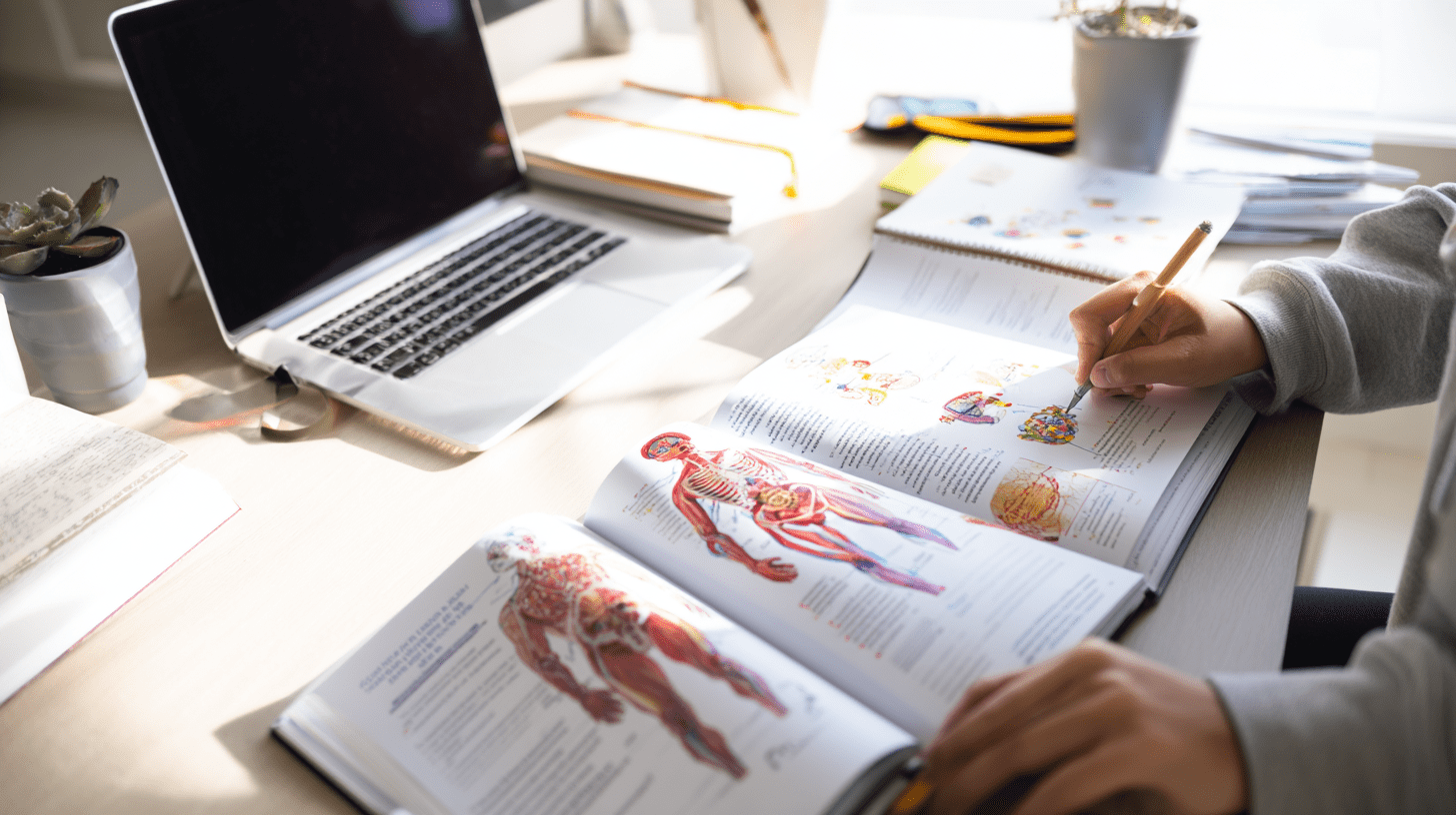 Skupiona licealistka uczy się przy biurku korzystając z kursu maturalnego z biologii i podręczników anatomicznych.
